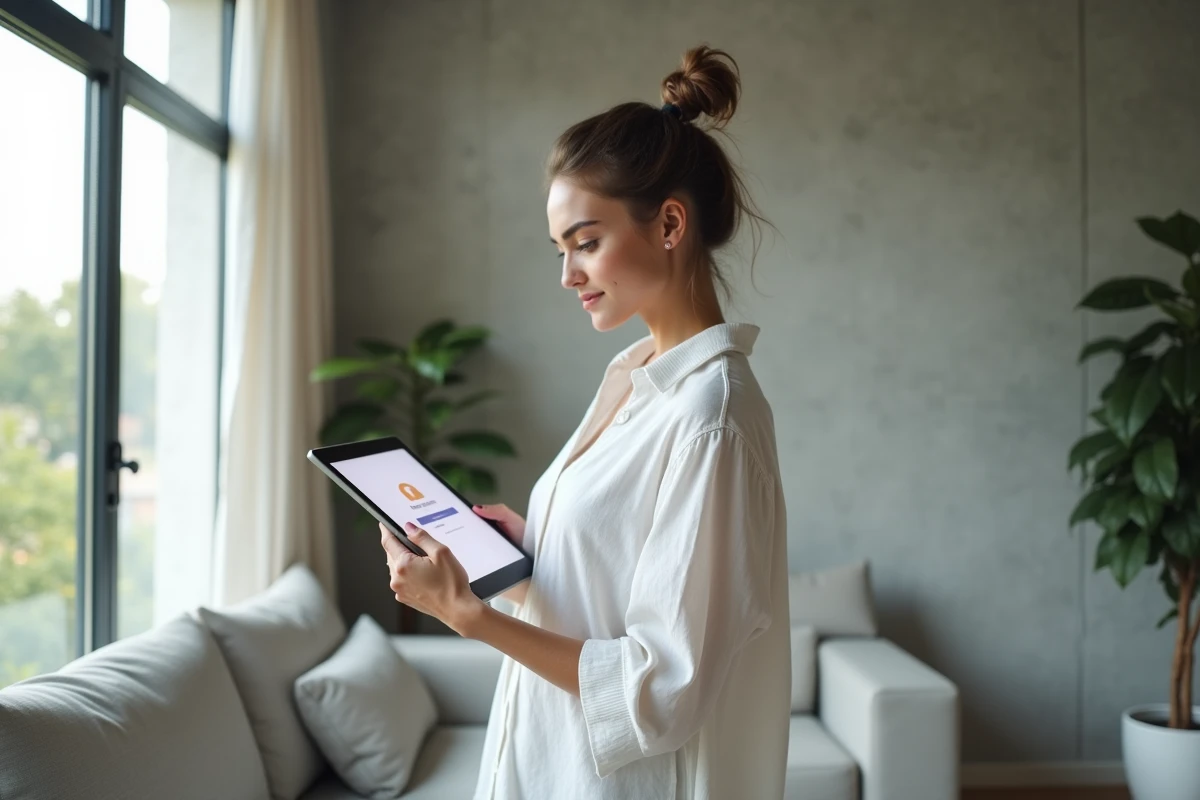 Jeune femme accédant à la page de mot de passe oublié sur sa tablette dans un appartement moderne