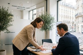 Une femme et un conseiller immobilier parisien examinent ensemble des plans d'appartement dans une agence moderne