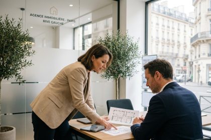Une femme et un conseiller immobilier parisien examinent ensemble des plans d'appartement dans une agence moderne