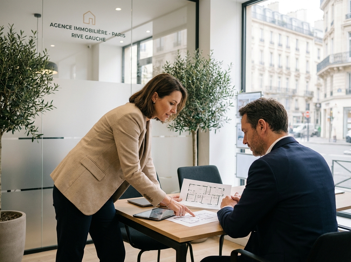 Une femme et un conseiller immobilier parisien examinent ensemble des plans d'appartement dans une agence moderne