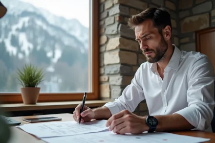 Homme examinant des documents immobiliers dans un bureau notarial en Andorre avec vue sur les Pyrénées