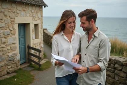 Couple de trentenaires consultant des documents immobiliers devant une maison normande en colombages près de la mer