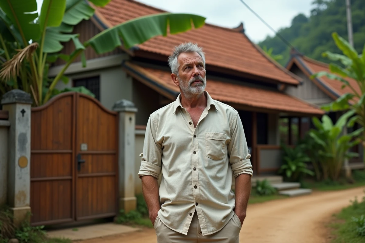 Homme occidental examinant une maison traditionnelle thaïlandaise en bois dans un quartier résidentiel calme de Koh Samui, loin des zones touristiques