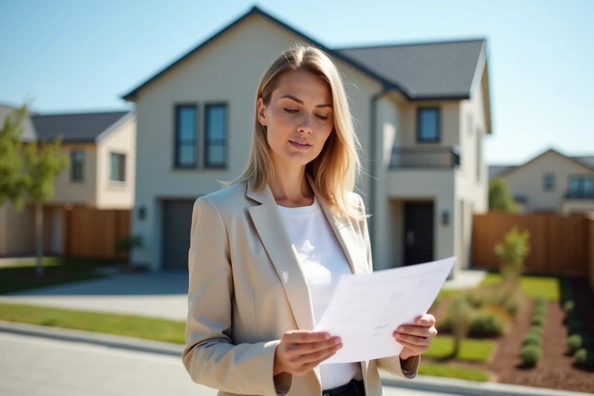 Femme examinant des documents immobiliers devant une maison individuelle construite par un particulier