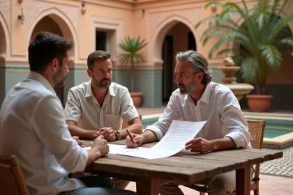 Couple français en train de signer des documents immobiliers avec un agent dans un riad de Marrakech