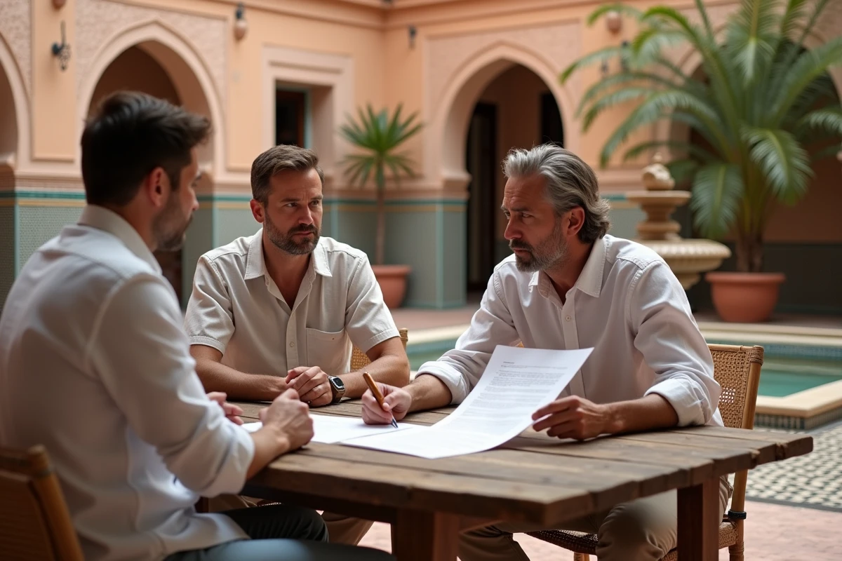 Couple français en train de signer des documents immobiliers avec un agent dans un riad de Marrakech