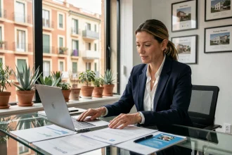 Agente immobilière à Barcelone lors d'un appel vidéo avec un client français pour sécuriser un achat immobilier à distance