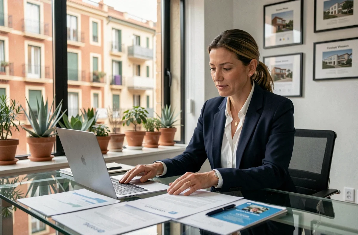 Agente immobilière à Barcelone lors d'un appel vidéo avec un client français pour sécuriser un achat immobilier à distance