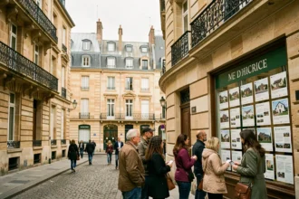 Vue d'ensemble d'une agence immobilière dans le centre de Bordeaux avec ses façades en pierres dorées typiques de la ville