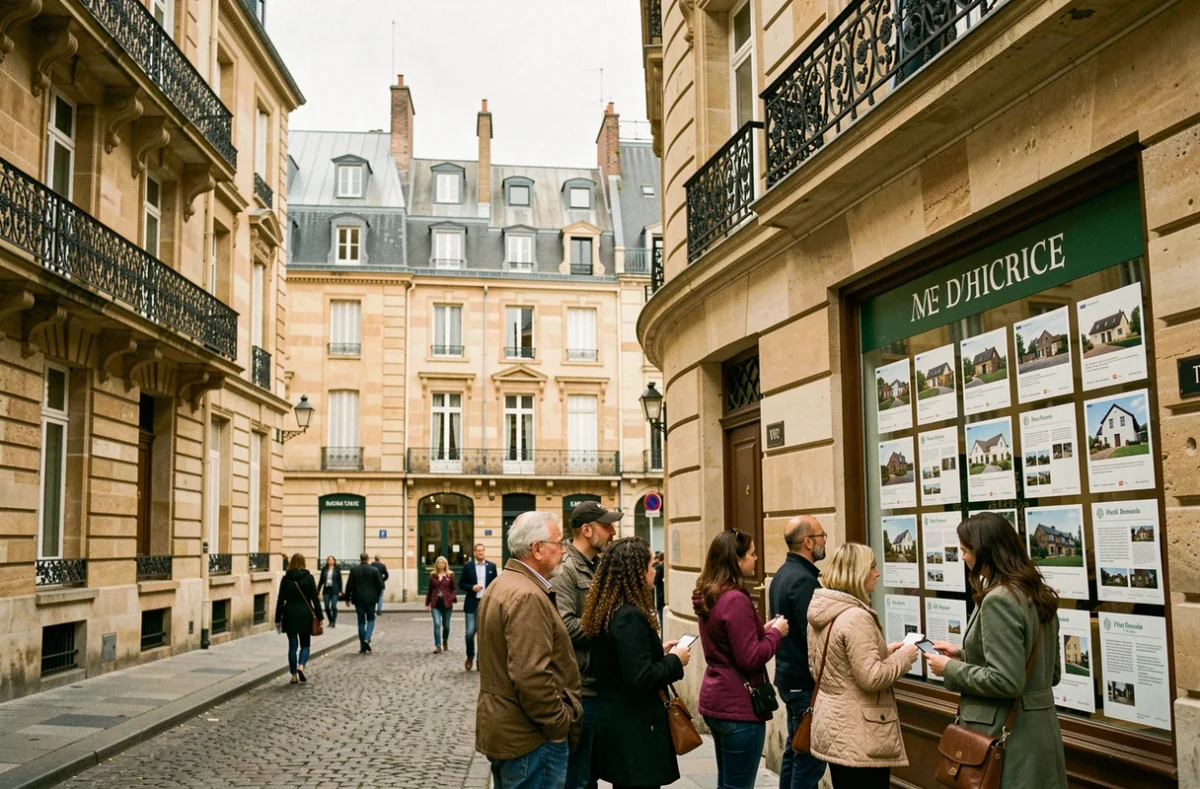 Vue d'ensemble d'une agence immobilière dans le centre de Bordeaux avec ses façades en pierres dorées typiques de la ville