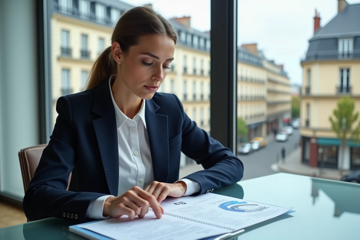 Agent immobilier analysant une estimation de bien de prestige dans une agence moderne avec vue sur un quartier haussmannien