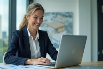 Agent immobilier analysant des données de rentabilité sur ordinateur portable dans un bureau moderne en zone urbaine