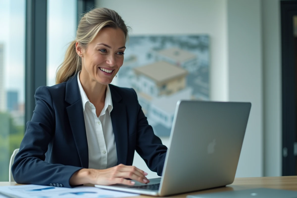 Agent immobilier analysant des données de rentabilité sur ordinateur portable dans un bureau moderne en zone urbaine