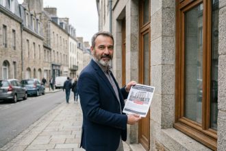 Agent immobilier tenant une fiche de prix devant un immeuble en pierre de Brest représentatif du marché immobilier breton