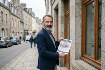 Agent immobilier tenant une fiche de prix devant un immeuble en pierre de Brest représentatif du marché immobilier breton