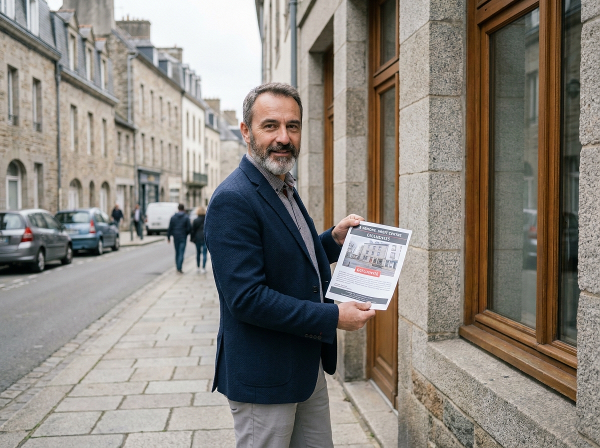 Agent immobilier tenant une fiche de prix devant un immeuble en pierre de Brest représentatif du marché immobilier breton