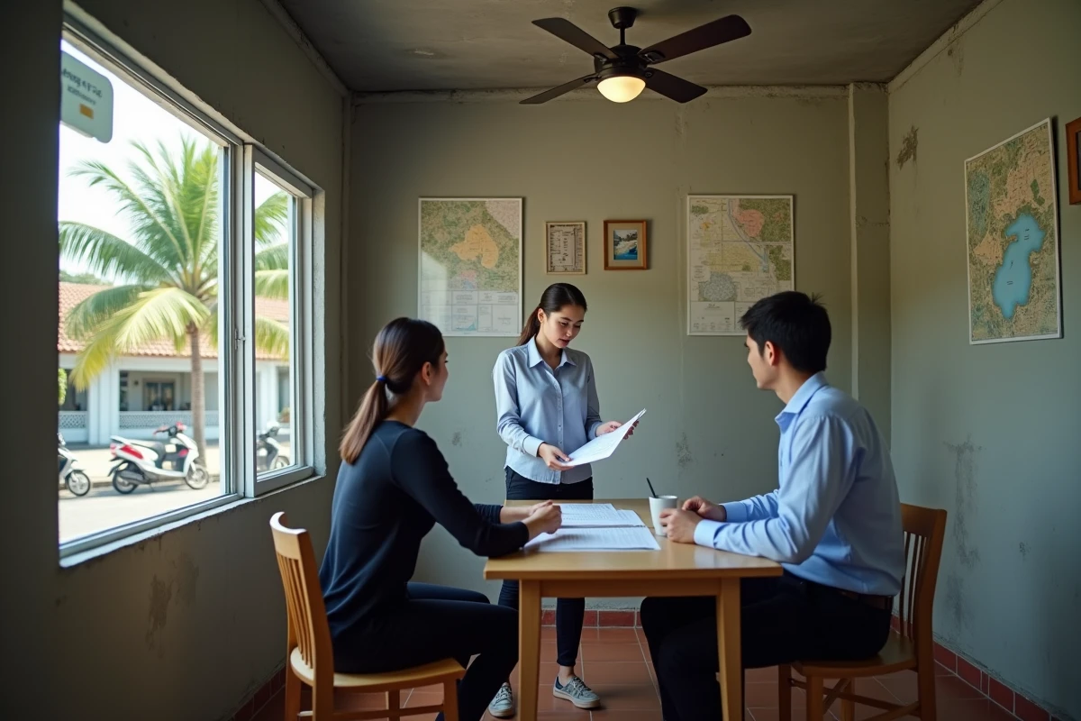 Agent immobilier thaïlandaise présentant des documents de propriété à un couple dans un bureau local discret de Koh Samui
