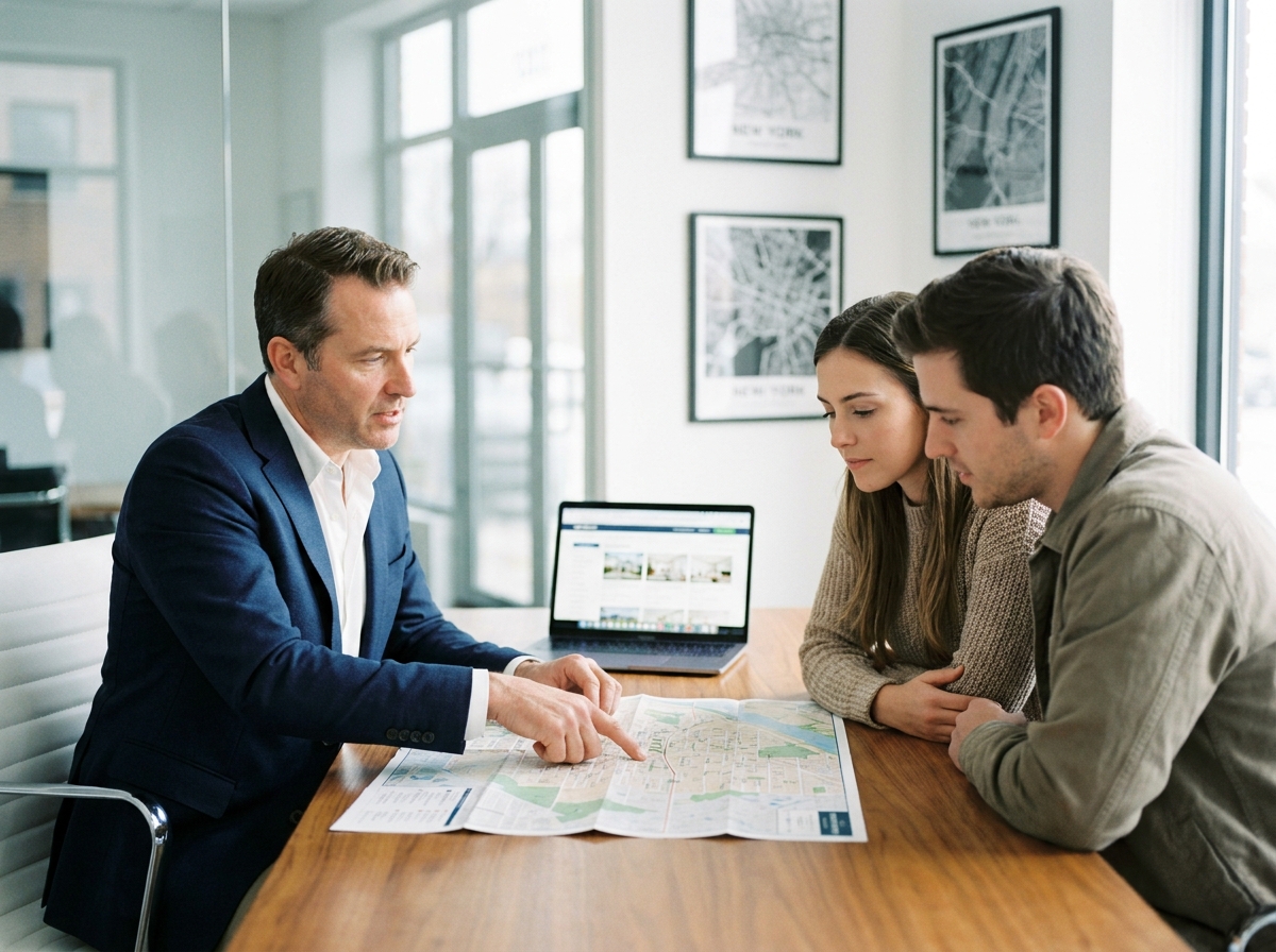 Agent immobilier présentant une carte des quartiers de Lyon et de la première couronne à des acheteurs potentiels