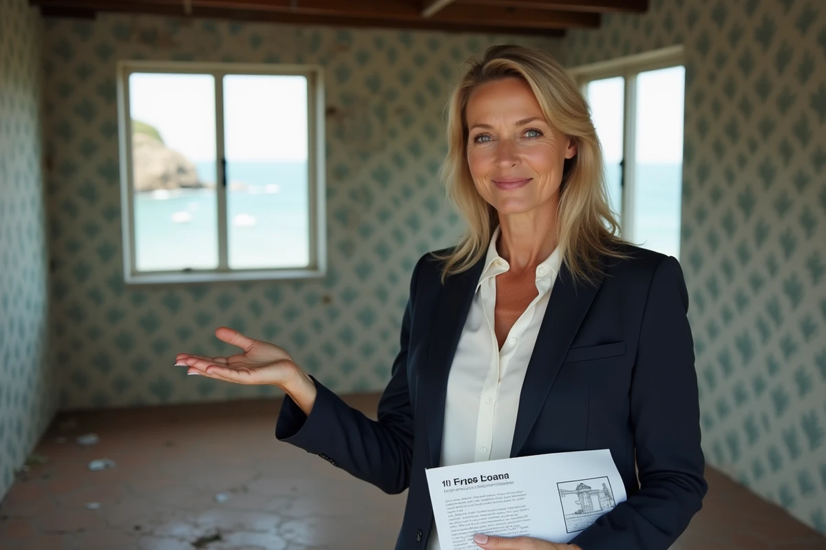 Agent immobilière présentant l'intérieur d'une maison côtière à rénover avec sol en tomettes et papier peint décollé