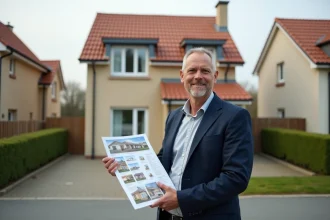 Agent immobilier devant une maison pavillonnaire française tenant une fiche de prix en 2026