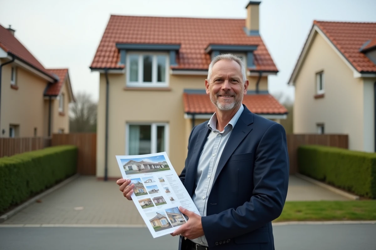 Agent immobilier devant une maison pavillonnaire française tenant une fiche de prix en 2026