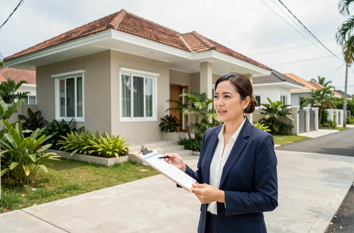 Agent immobilier thaïlandaise présentant une maison à vendre dans un quartier résidentiel de Thaïlande