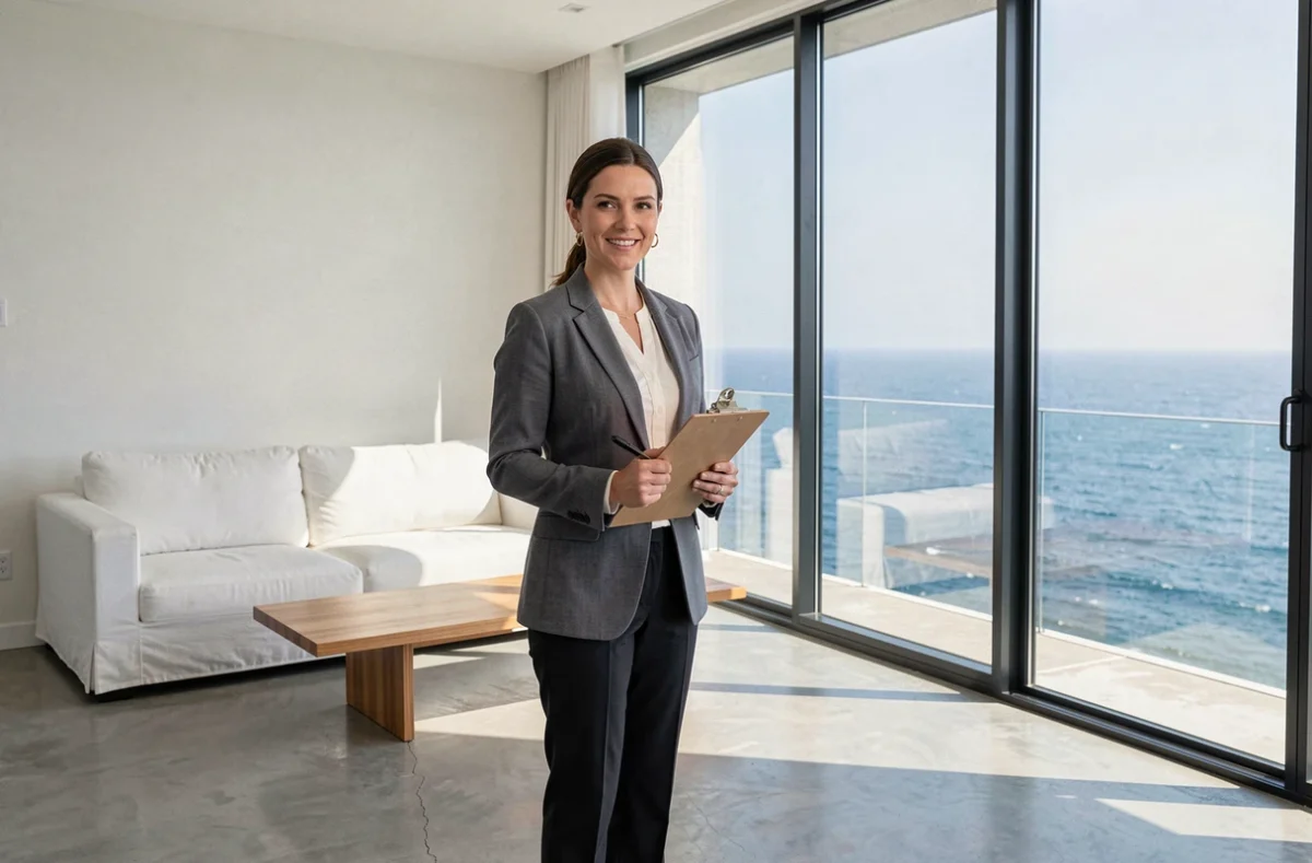 Agent immobilier présentant une maison à vendre avec vue sur mer depuis un salon moderne aux grandes baies vitrées