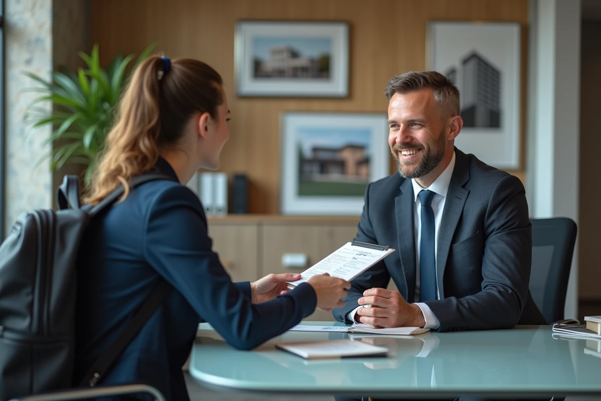 Agent immobilier remettant des cl&eacute;s &agrave; un &eacute;tudiant souriant