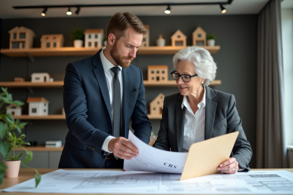 Agent immobilier avec une cliente examinant des plans de b&acirc;timent