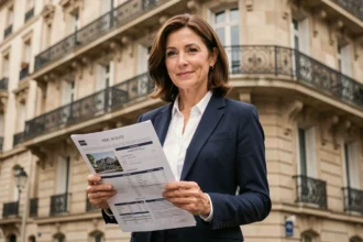 Agent immobilière tenant des documents de location devant un immeuble haussmannien en zone tendue à Paris
