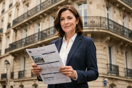 Agent immobilière tenant des documents de location devant un immeuble haussmannien en zone tendue à Paris