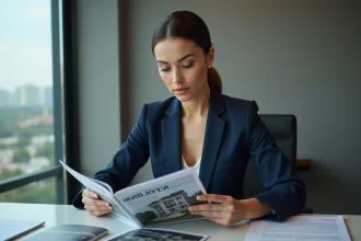Agent immobilier en costume navy dans un bureau moderne