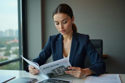 Agent immobilier en costume navy dans un bureau moderne