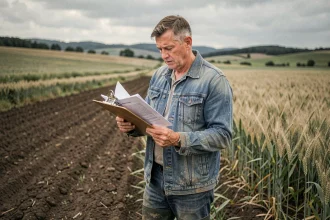 Agriculteur examinant un contrat de bail rural dans un champ labouré, document juridique en main