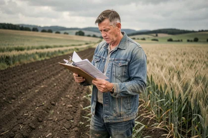 Agriculteur examinant un contrat de bail rural dans un champ labouré, document juridique en main