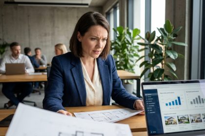Femme analyste étudiant des documents de crowdfunding immobilier sur un bureau moderne en espace de coworking