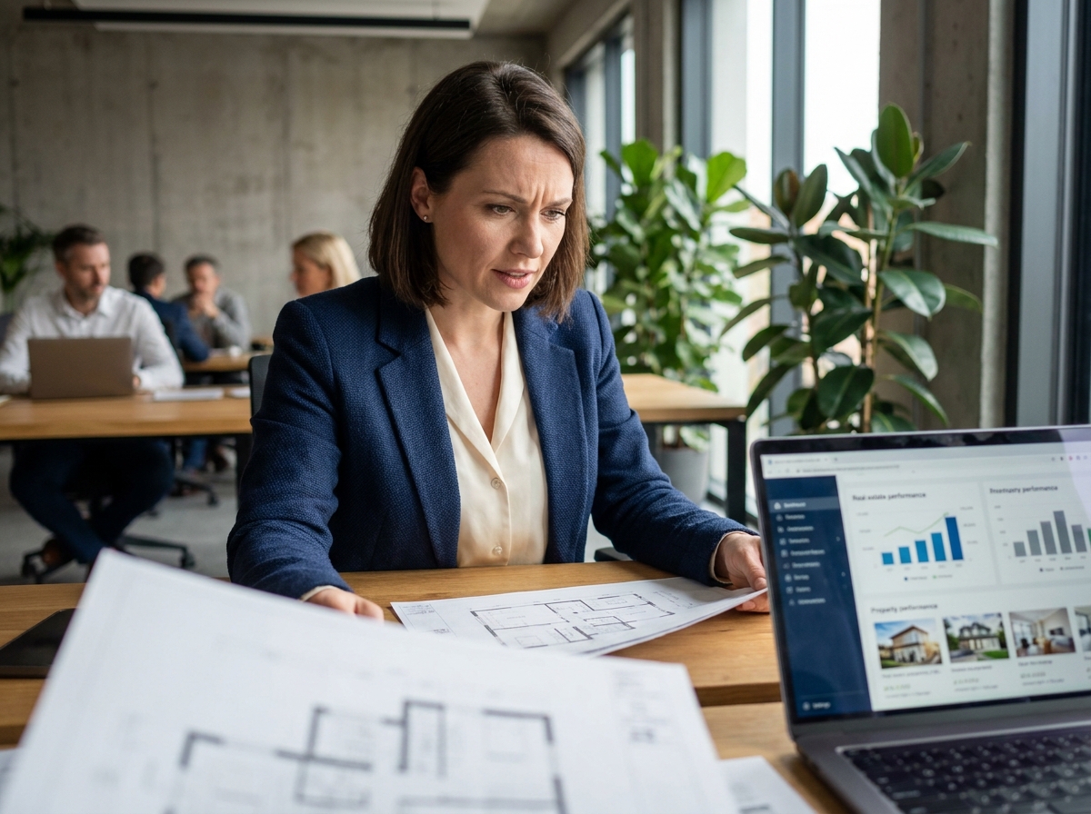 Femme analyste étudiant des documents de crowdfunding immobilier sur un bureau moderne en espace de coworking