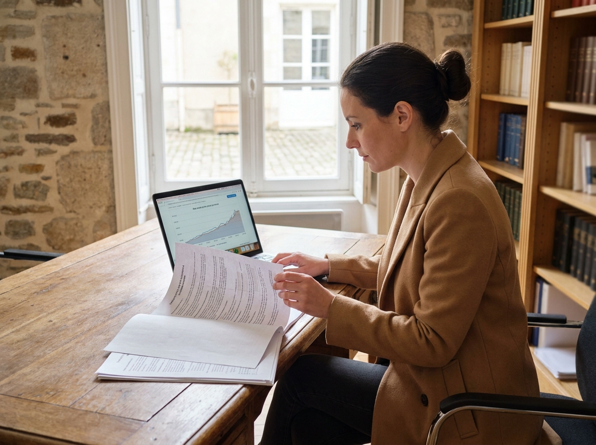Investisseuse analysant des documents de valorisation immobilière dans un bureau de notaire à Nantes