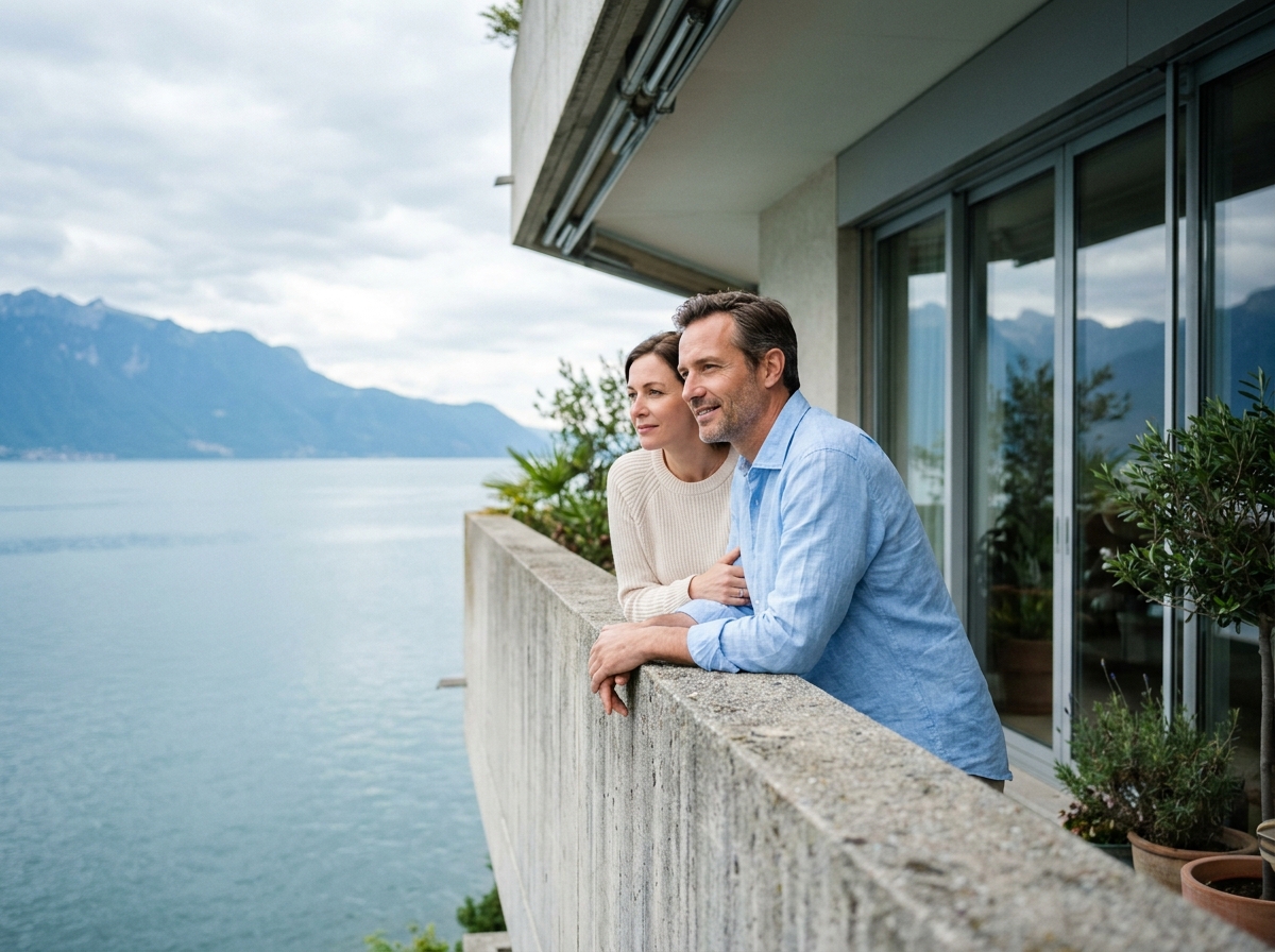 Couple sur le balcon d'un appartement neuf à Thonon-les-Bains avec vue panoramique sur le lac Léman et les Alpes