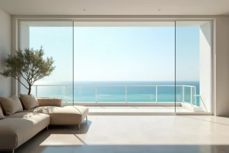 Salon d'un appartement moderne avec vue panoramique sur la mer Méditerranée depuis une grande baie vitrée