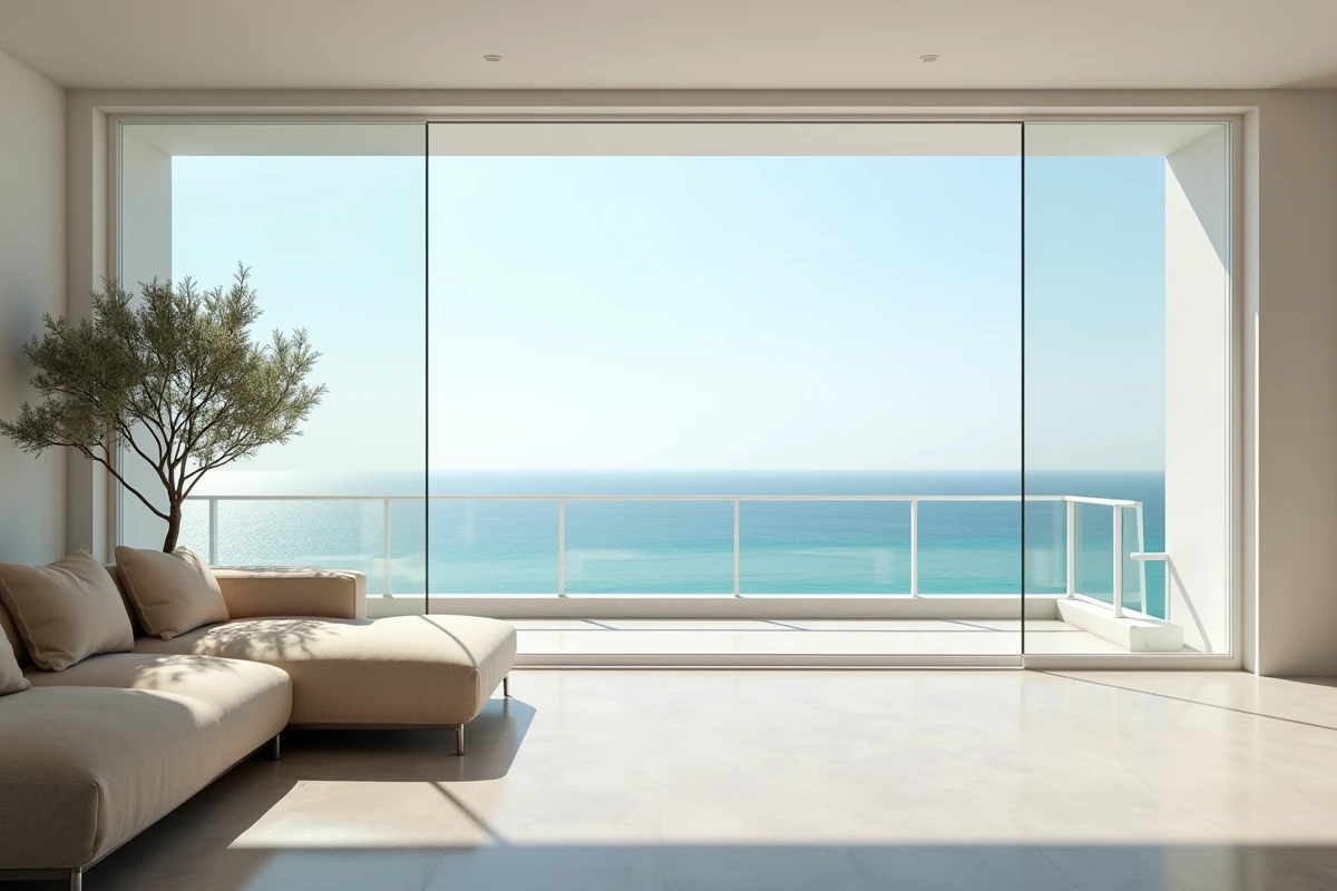 Salon d'un appartement moderne avec vue panoramique sur la mer Méditerranée depuis une grande baie vitrée