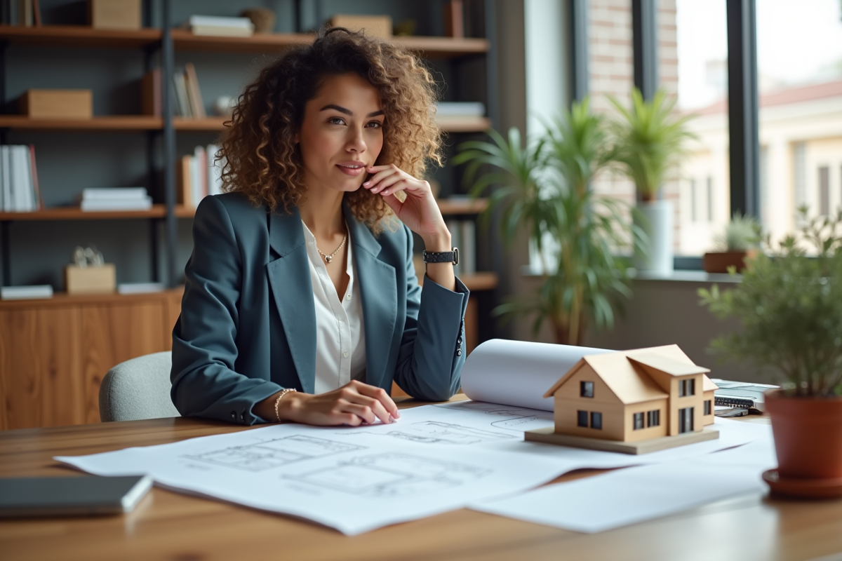Jeune architecte étudiant des plans dans son bureau lumineux