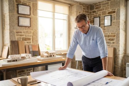 Architecte breton examinant des plans de construction dans un bureau professionnel avec certifications et matériaux de construction en arrière-plan