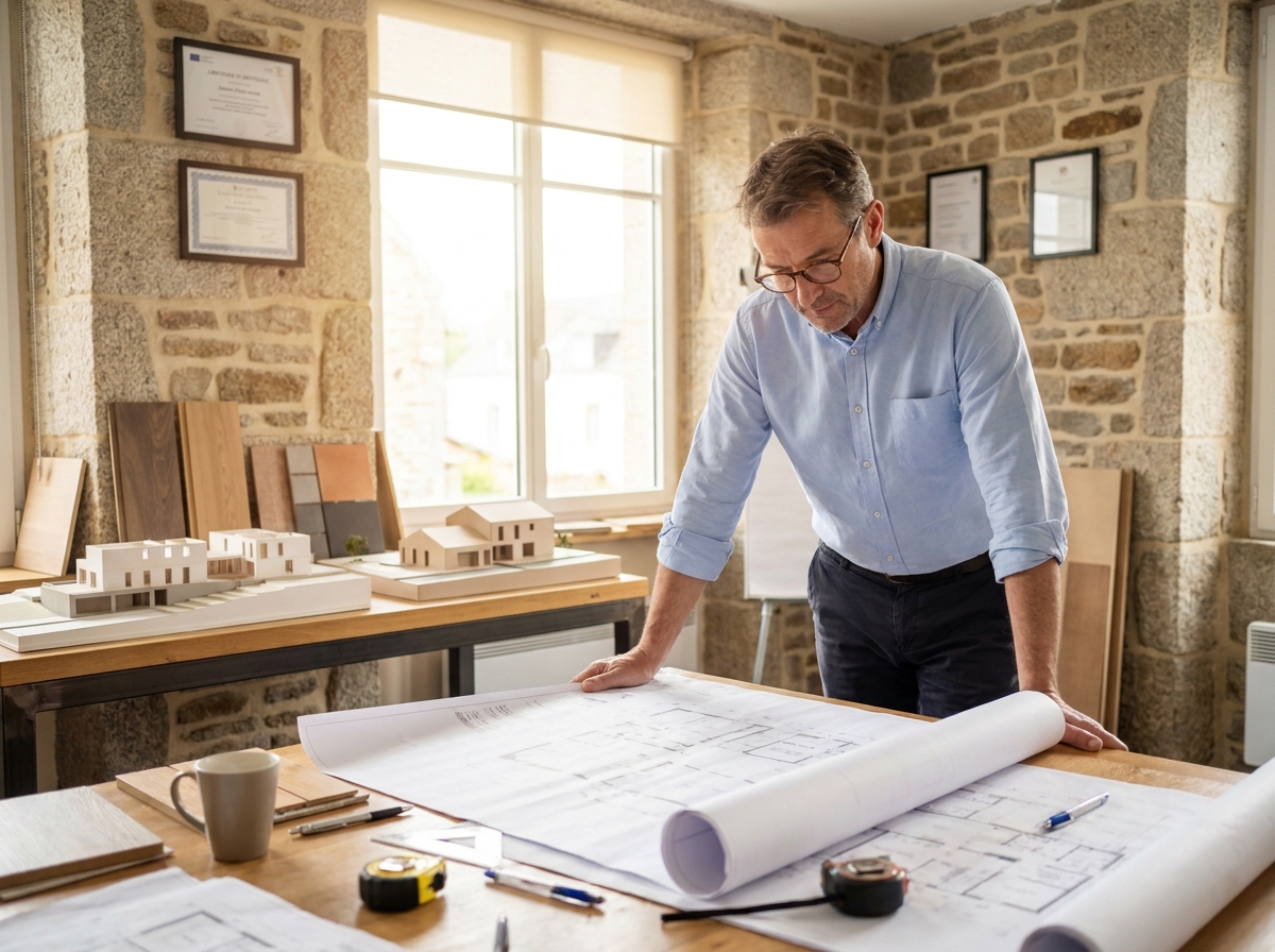 Architecte breton examinant des plans de construction dans un bureau professionnel avec certifications et matériaux de construction en arrière-plan