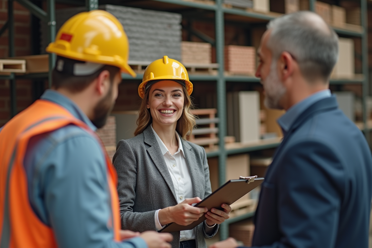 Architecte discutant avec ouvriers dans un atelier de matériaux