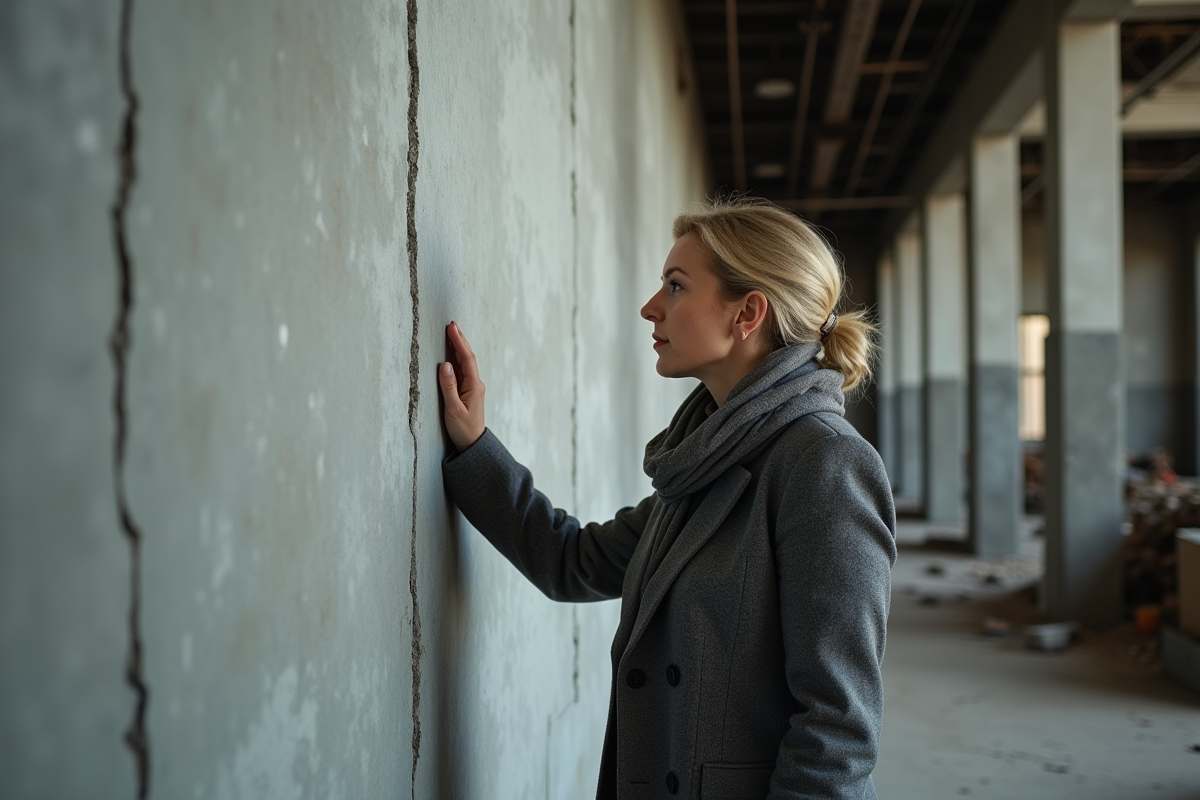 Architecte examinant une fissure dans un mur industriel