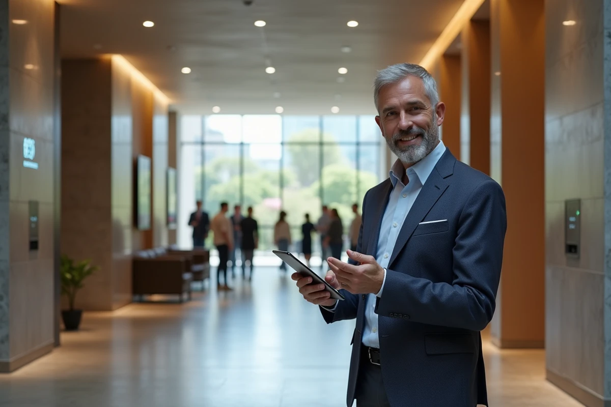 Architecte homme dans un hall moderne et connecté
