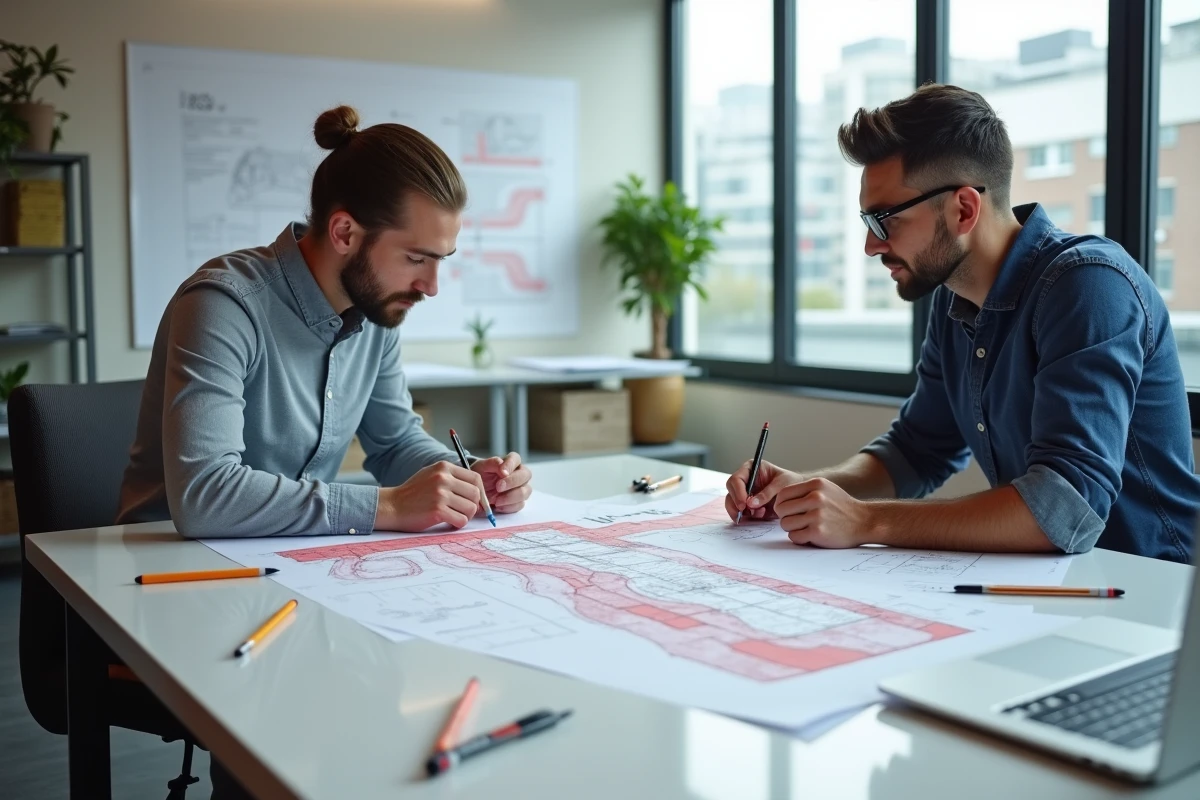 Deux architectes paysagistes analysant des plans de coupe terrain état initial et projet en réunion
