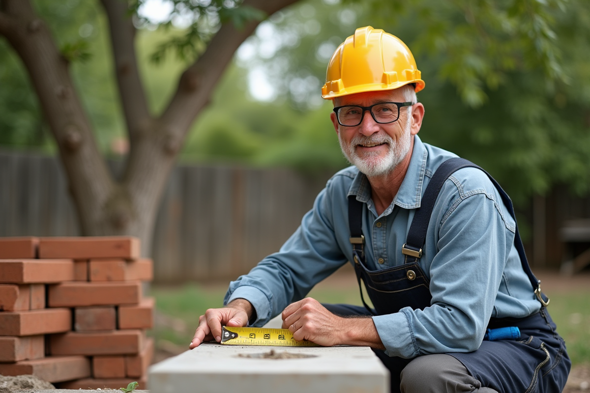 Ouvrier mesure fondation d une nouvelle extension