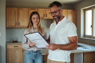 Artisan et propriétaire vérifiant ensemble une liste de travaux déductibles de la plus-value immobilière dans une cuisine en rénovation